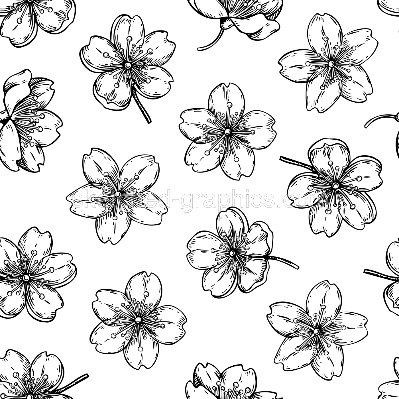 Sakura flowers pattern. Cherry blossom background. Blooming flower sketches. Floral seamless design. Hand-drawn vector illustration. NOT AI genereted Illustration